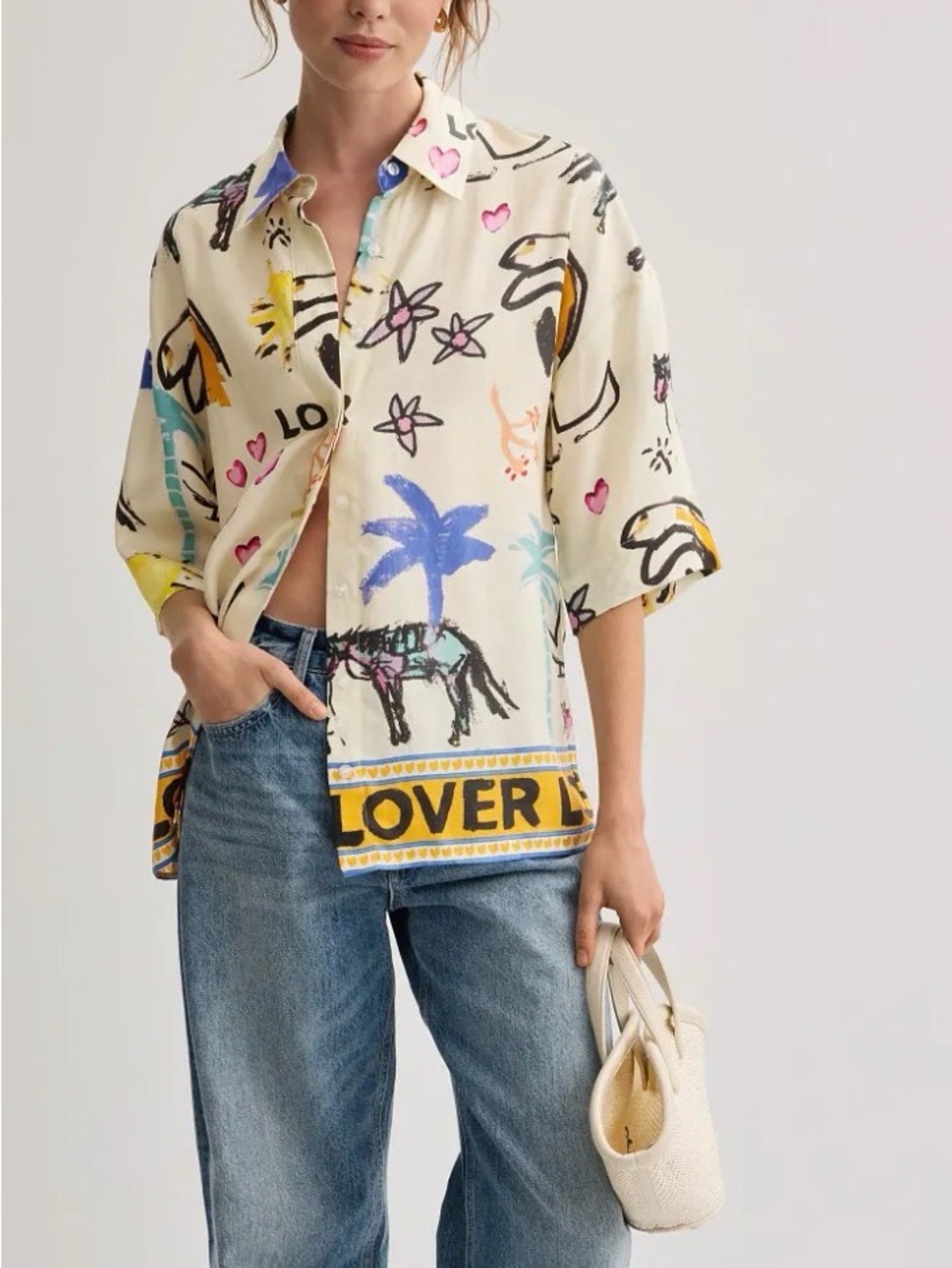 Romy Cream Button-Up Shirt with Multicolor Graphic Print